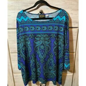 Vintage Bob Mackie Wearable Art Blue Paisley Top 2X Plus Size 70s Style